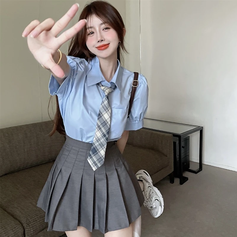 2024 Spring Summer Blue JK Short-sleeved Shirt and Skirt Sets New College Style Puff Sleeve Women's Top Students Uniform Suit