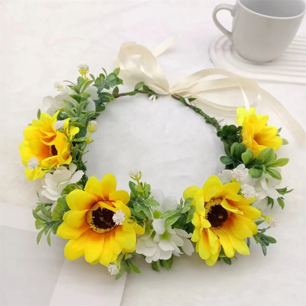 Sunflower Crown Headband Bohemia Handmade Floral Hairbands Girls Yellow Bouquet Flowers Hair Garlands Crown Festival Tiaras