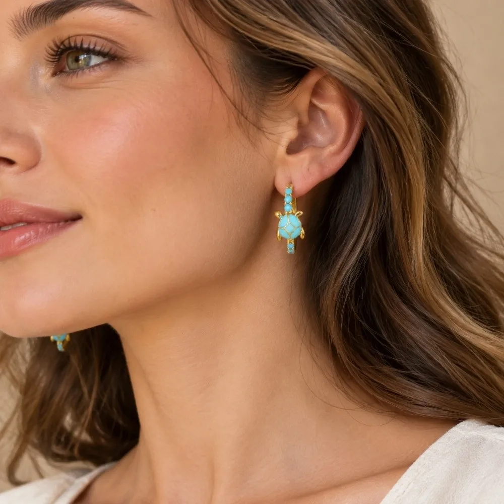 Gift Rhinestone Sea Turtle Dangle Earrings Elegant Vintage Animal Pendant Hoop Earrings Sparkling Cute Ocean Jewelry Party