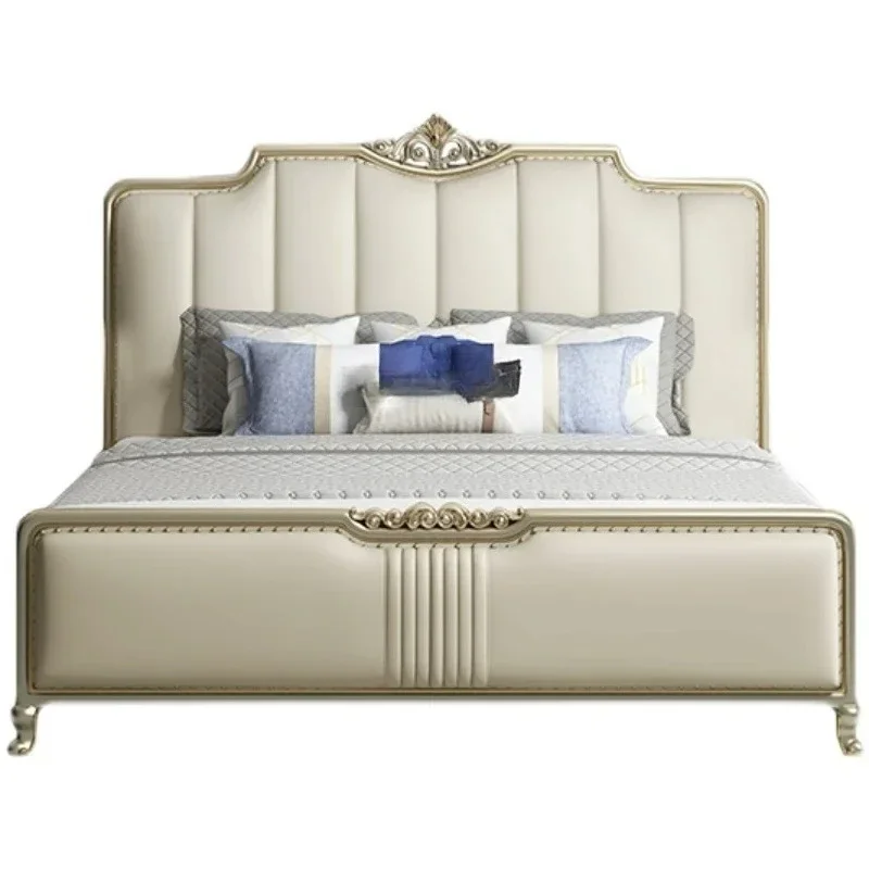 

European Bed Double American Style Solid Wood Modern Simple and Light Luxury Top Layer Leather Marriage Bed Luxury