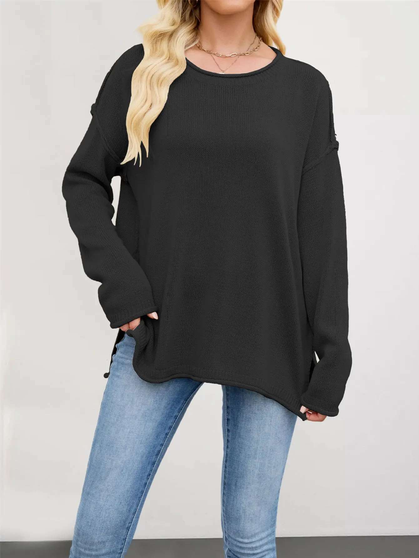

Women's Long Sleeve round Neck Sweater Comfortable Loose Fit Plain Fashion for Autumn Winter Daily Wear