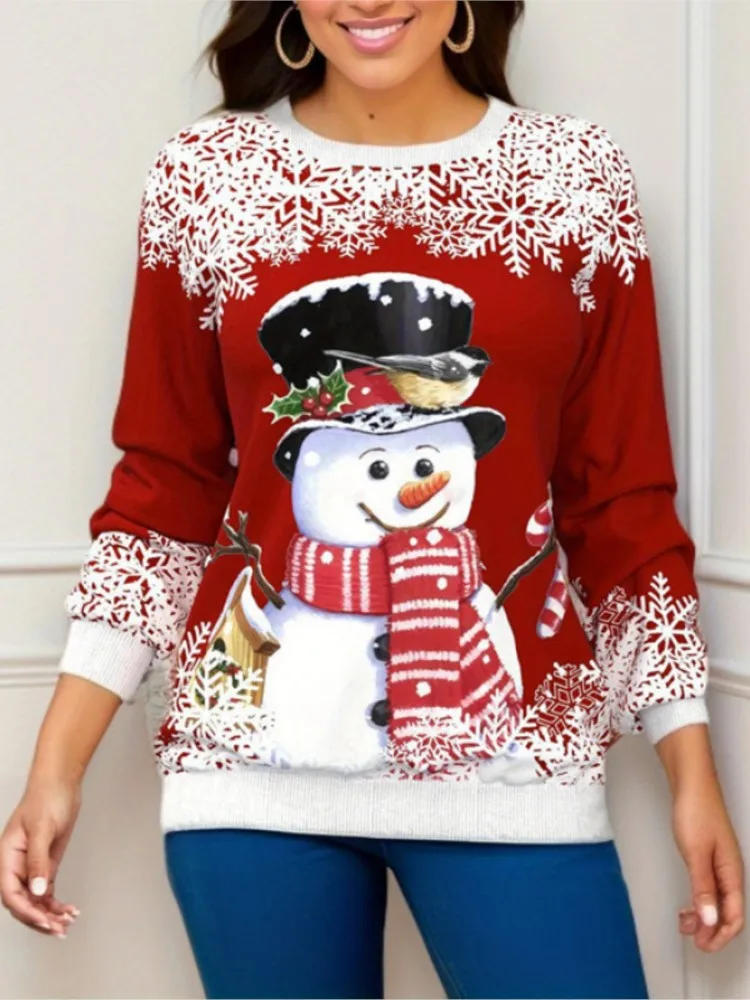 

Beautiful Christmas Printed Top Autumn Winter Lady Fashion O-neck Christmas Snowman Pattern Shirt Female Festival Party Blouses