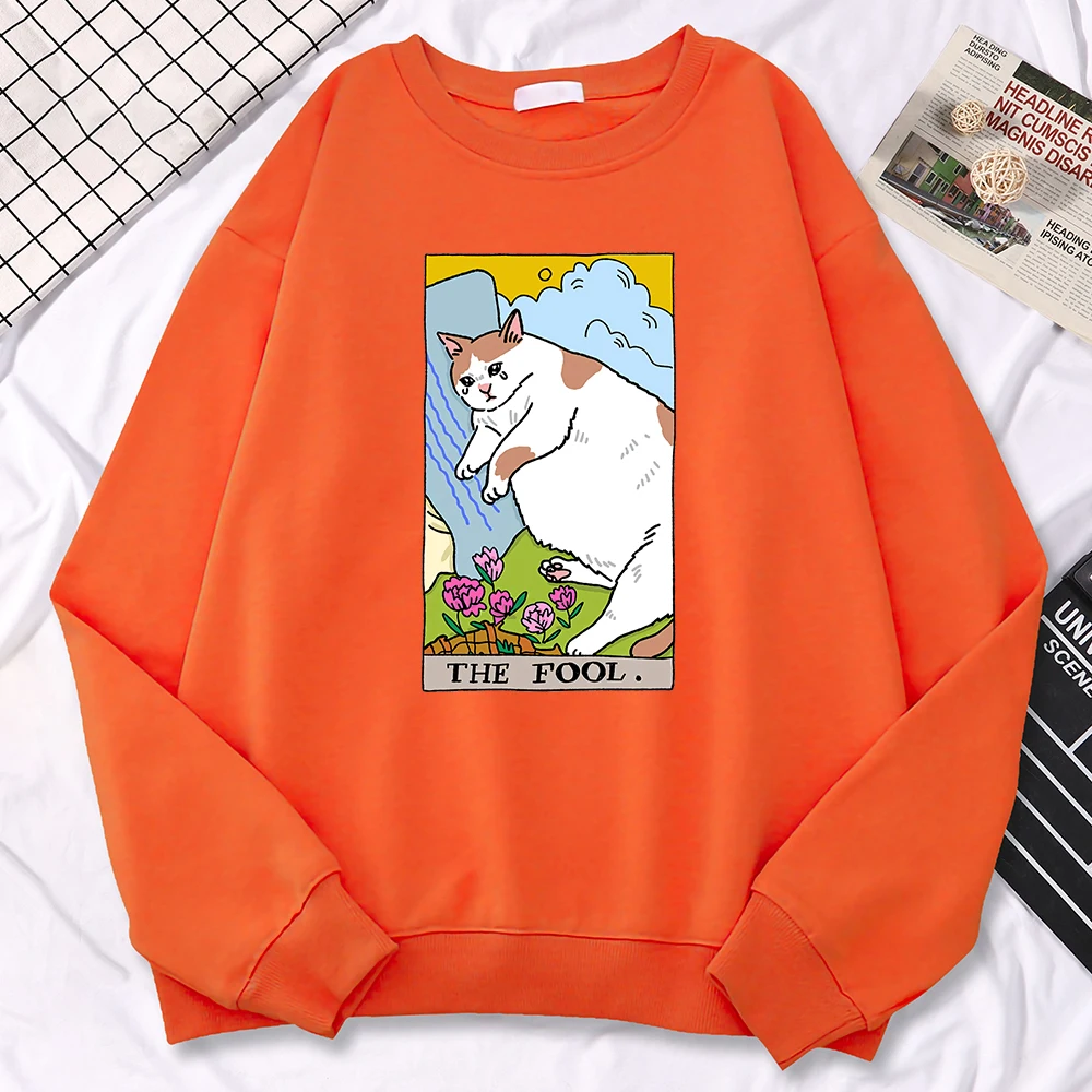 Autumn Sweatshirts For Women The Fool Sad Cat Meme Printing Hoodies Comfortable All-Math Pullovers Crewneck Loose Female Clothes