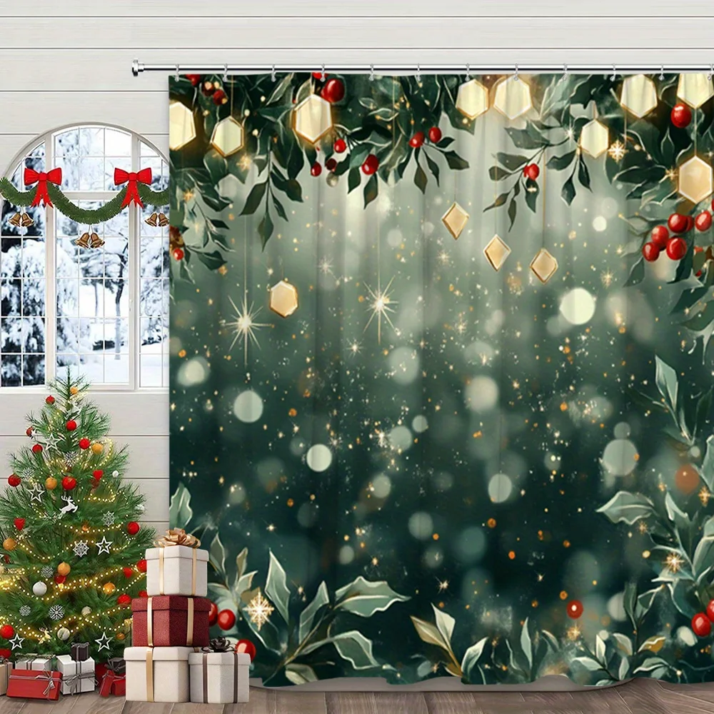 Extra Large Christmas Shower Curtain - Luxury Bathroom Decor with Golden Ornaments, Berry Branches & Bokeh Lights