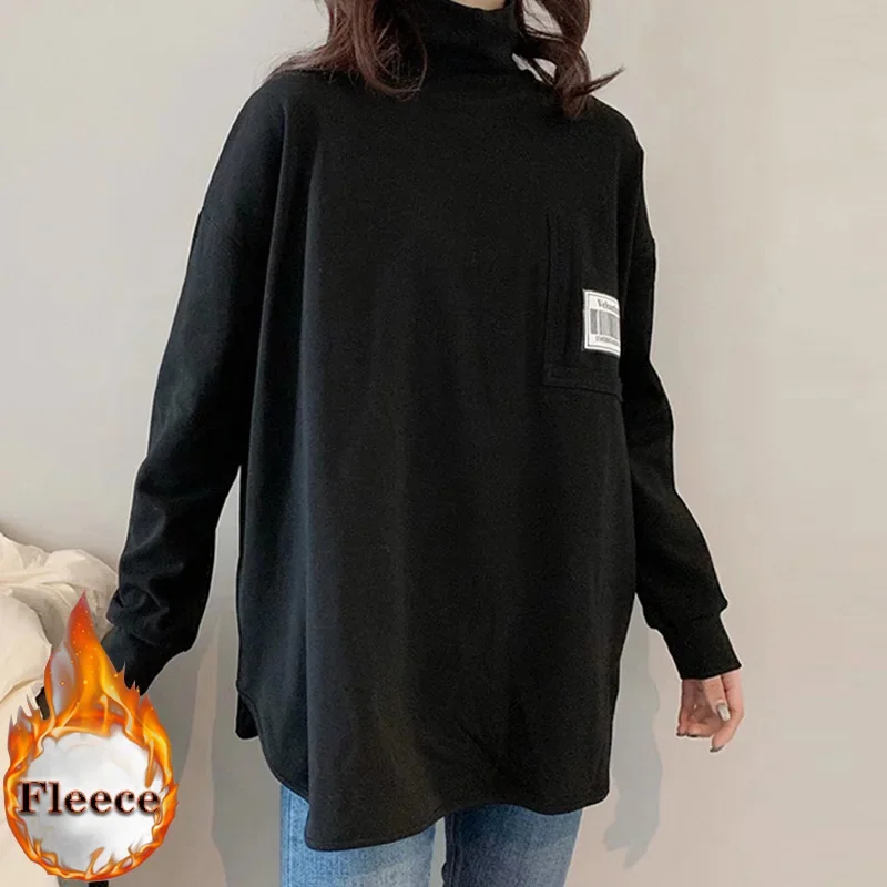 Harajuku Casual Thick warm oversized bottoming T-shirt autumn winter velvet Long Sleeve turtleneck T Shirt Women black long Tops