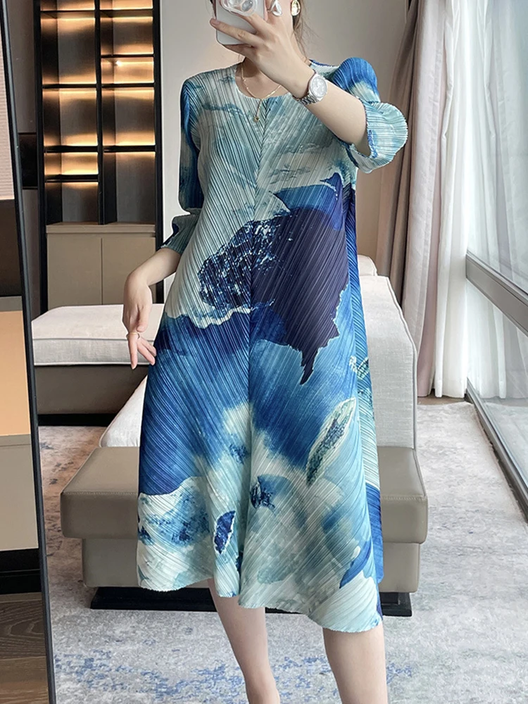 GVUW Pleated Print Dress Women Round Collar Full Sleeve Fashion Casual New 2024 Elegant Lady Evening Party Dresses 17G7730