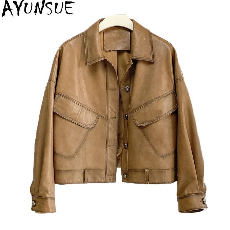 AYUNSUE New 2023 Fashion Fall Winter Women's Real Leather Jacket Motorcycle Genuine Sheepskin Women's Moto Biker Jacket Coat