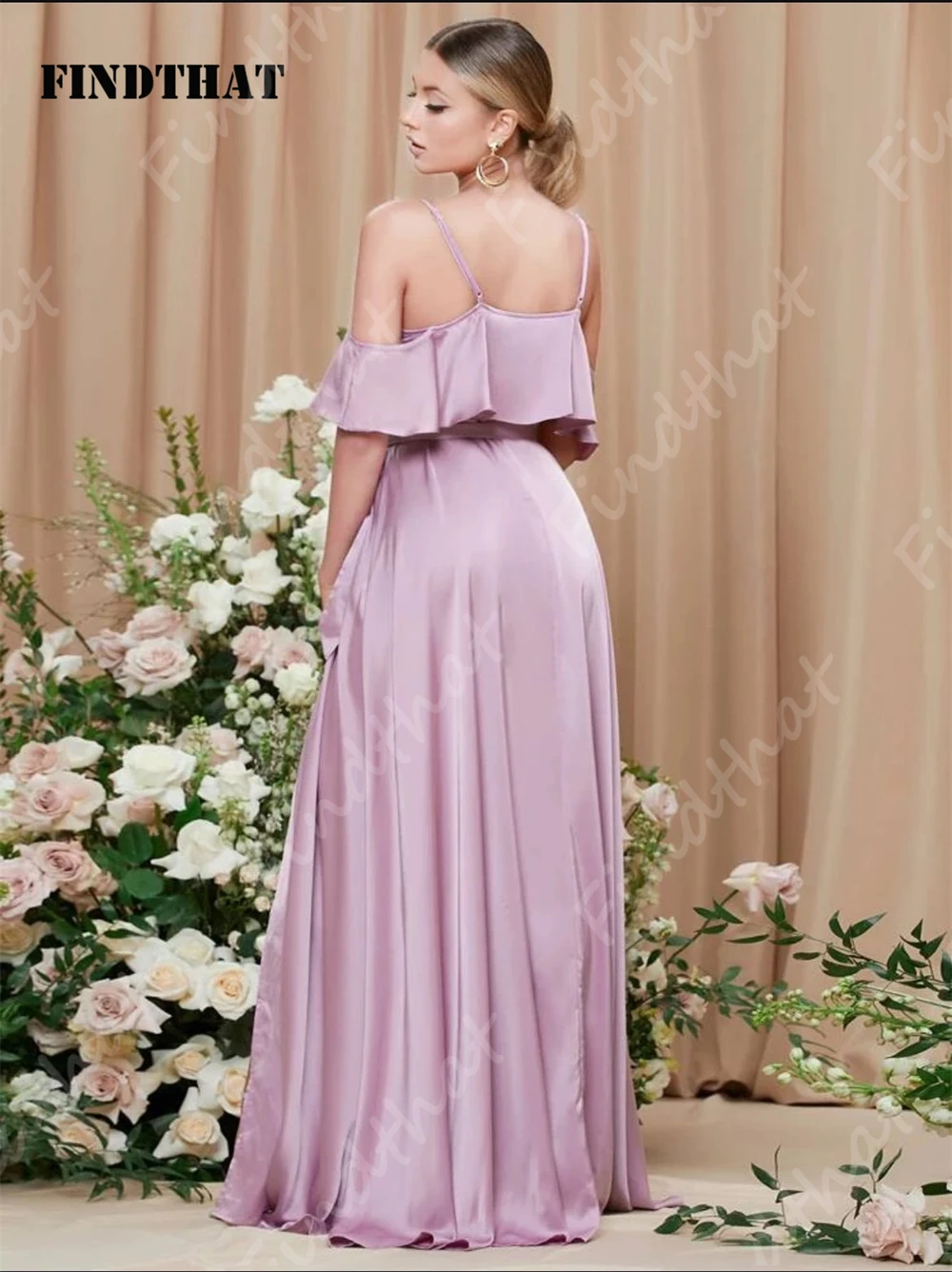 Findthat Elegant Women's Bridesmaid Dress for Wedding 2024 Spaghetti-Straps Ruffles Sleeves Evening Party Gowns A-Line Side Slit