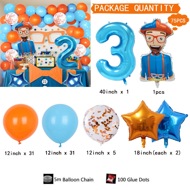 77PCS blue orange latex Balloon Arch Kit Boy Child Blippi Themed Birthday Party Decoration Balloon Gender Reveal Baby Shower