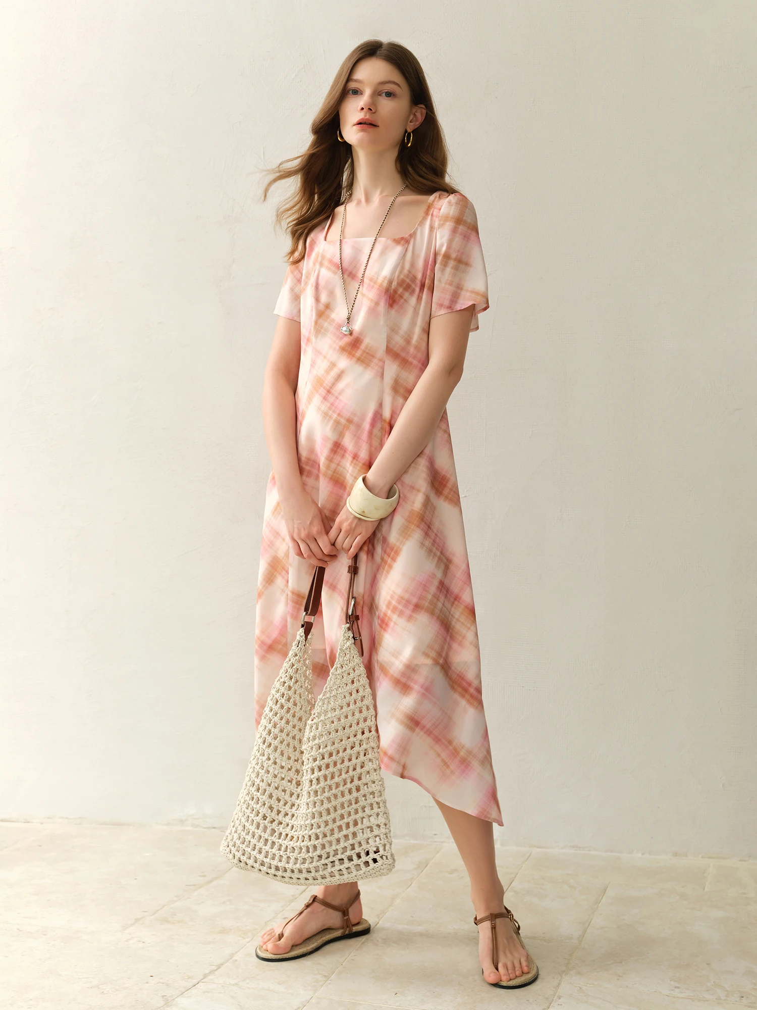 DUSHU Plus Size Damen Kleid in Apfel-/Birnenform, französisches Retro-Kleid mit karierter Taille, kurzärmeliges Taillen-Schlankheitskleid 25DS82373