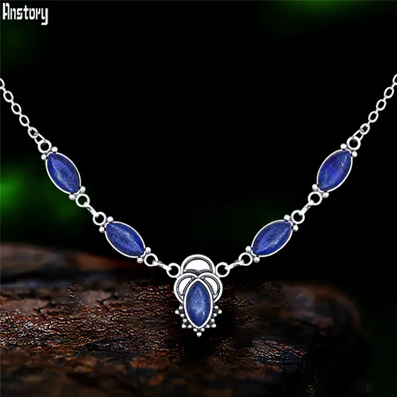 Vintage Look Eye Shape Quartz Lapis Lazuli Necklace For Women Antqiue Silver Plated Fashion Natural Stone Jewelry