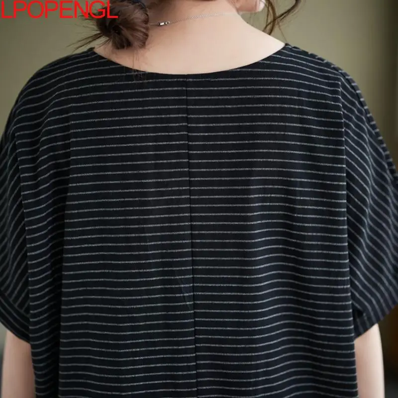 2024 Summer New Retro Literary Stripe Stitching Loose Short-sleeved T-shirt Oversized Casual Tops clothes for women