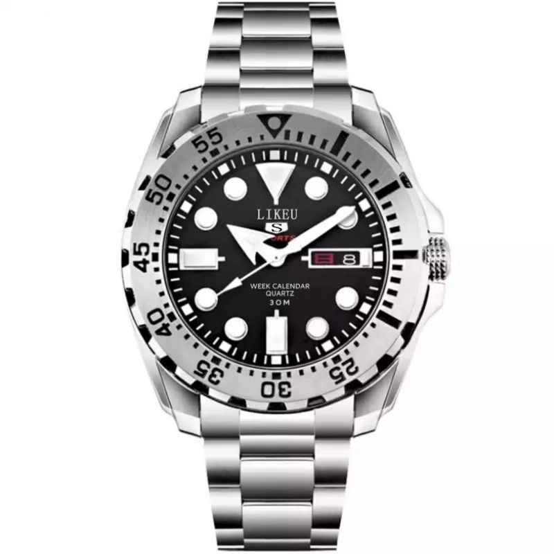 Trendy Steel-Band Diver Watch – Luminous Dial, Day-Date Display, Waterproof Quartz for Active Men