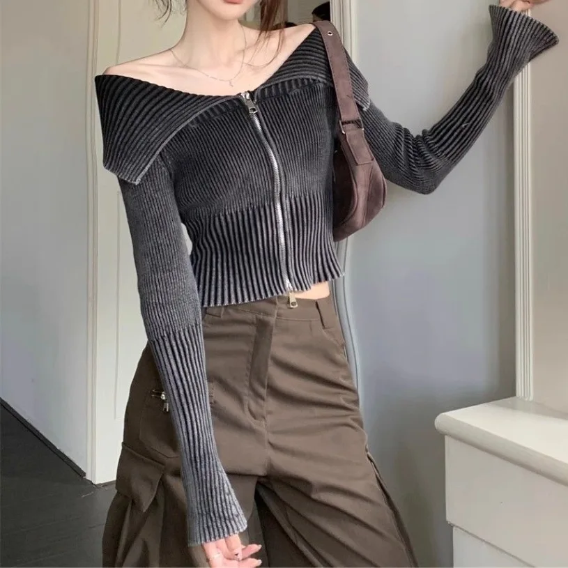 2024 Y2k Lapel Gradient Print Long Sleeve Cardigan Crop Top for Women Off Shoulder Knitted Ribbed Zip Up Sweaters Jumpers