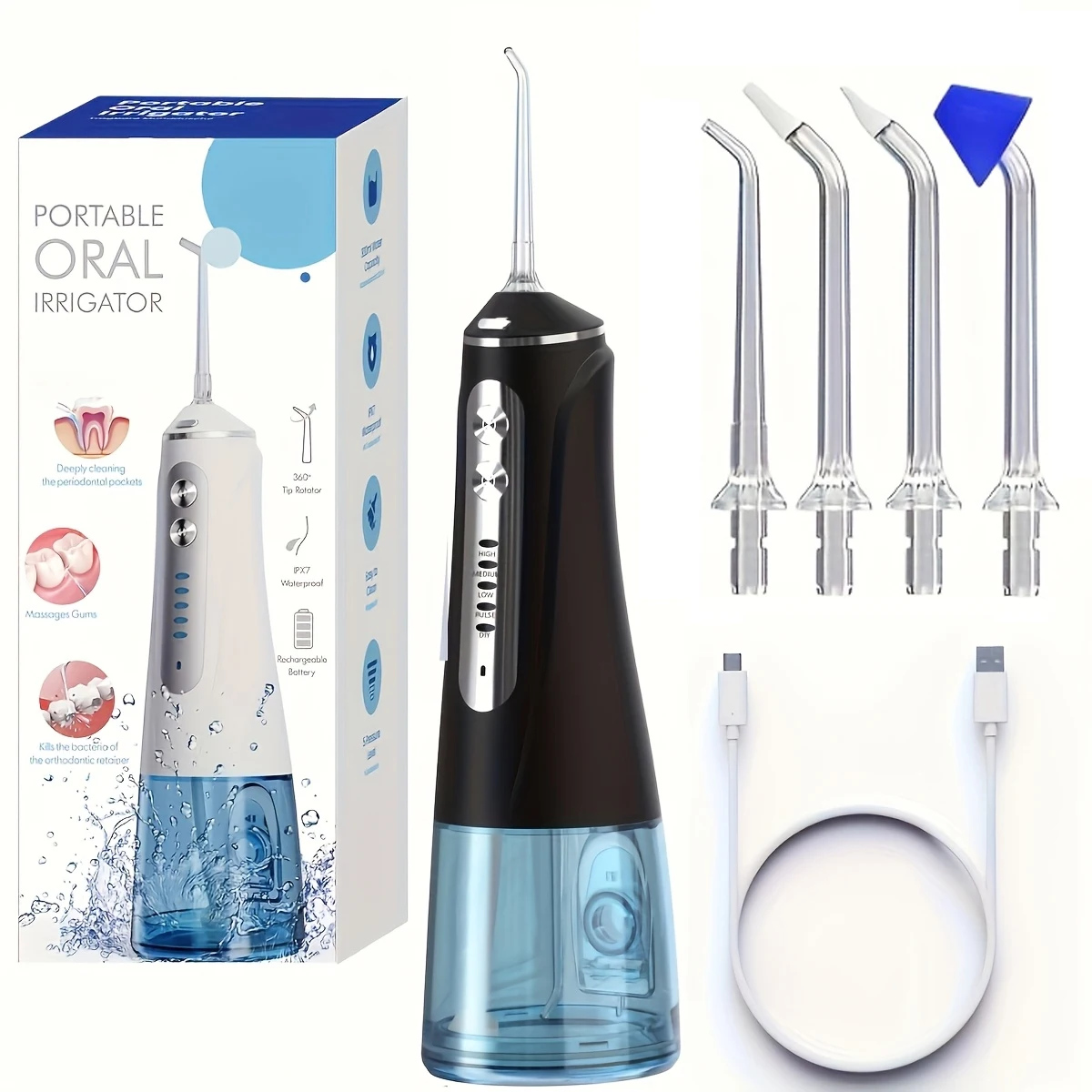 

Беспроводной ирригатор для зубов с 5 режимами, вращающийся, водонепроницаемый IPX7, 300 мл, 4 насадки, очиститель зубов струйным методом