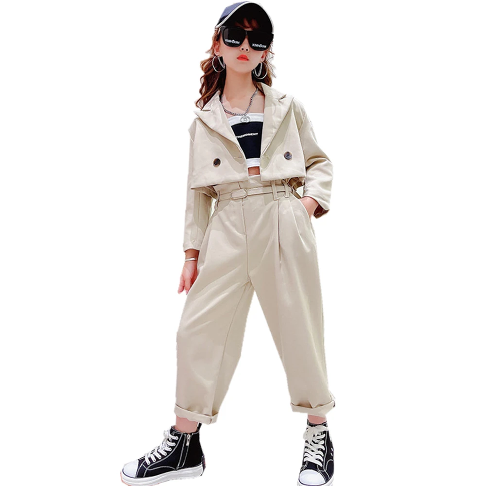 Girls Blazer Suits Clothing Sets Spring Autumn Kids Crop Jackets + Pants With Belt Fashion Solid Formal Teenage Casual Outfits