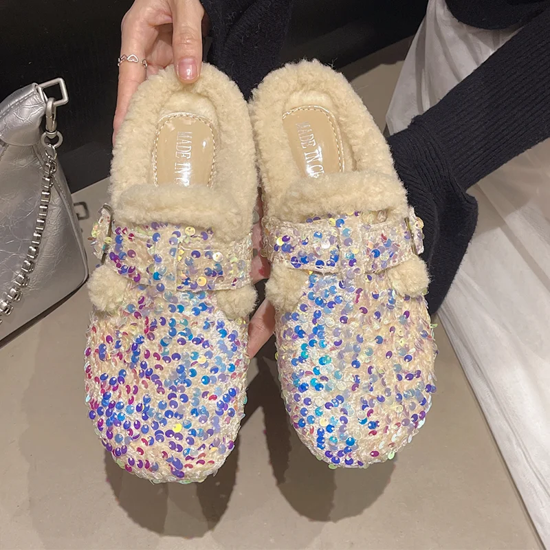 بلينغ النساء النعال الشقق البغال أحذية فاخرة بدعة أحذية قطنية 2025 شتاء جديد المنزل الوجه يتخبط فستان مريح Mujer Zapatos