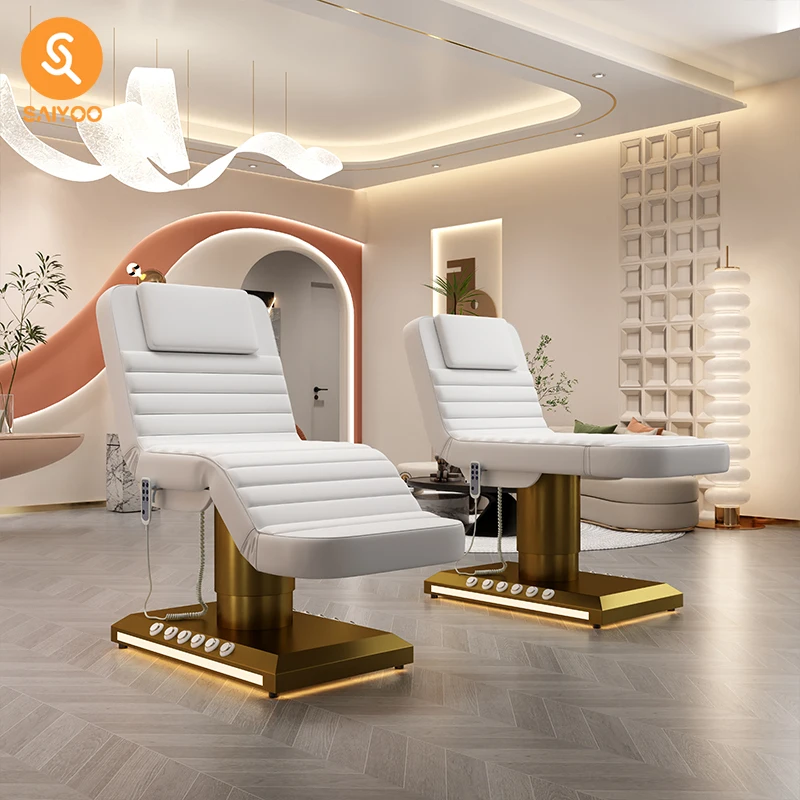 Lettino elettrico per massaggio facciale bianco con set completo di mobili da salone in vendita