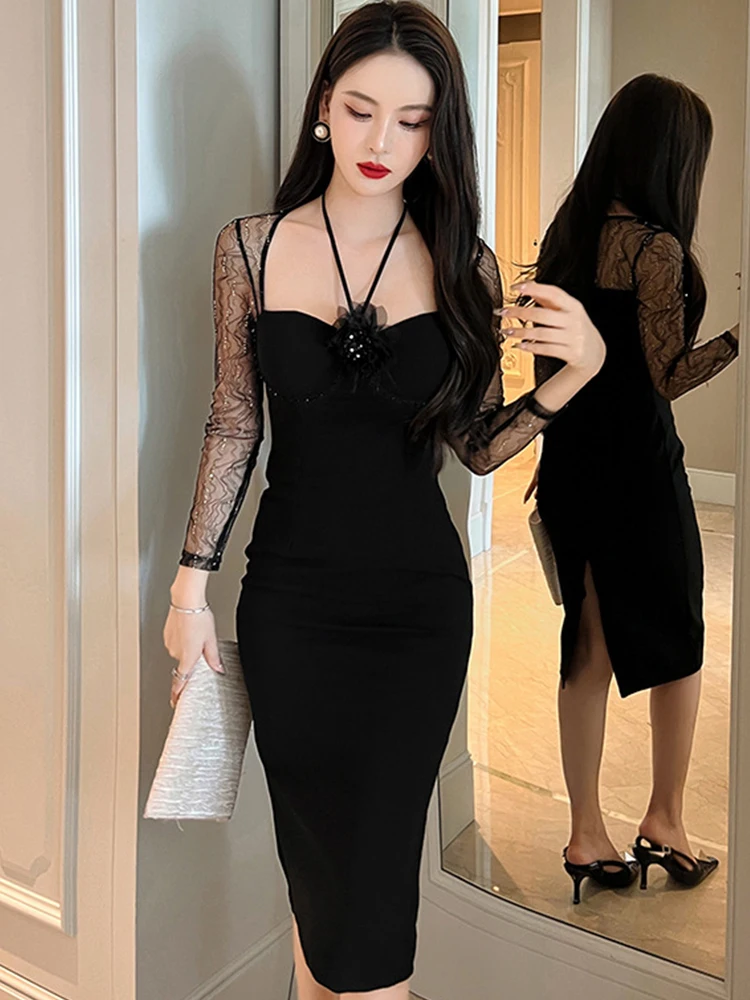 Spring Midi Dresses for Women 2023 Sexy See Throngh Mesh Black Dress Flower Bandage Halter Bodycon Slit Robe Party Club Vestidos