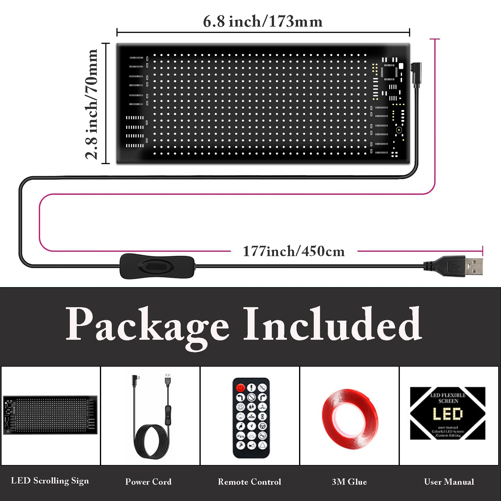 Flexible LED Scrolling Sign, APP Controlled Waterproof IP65 Advertising Sign by USB,Custom Text & Patterns Color Chang -70*173mm