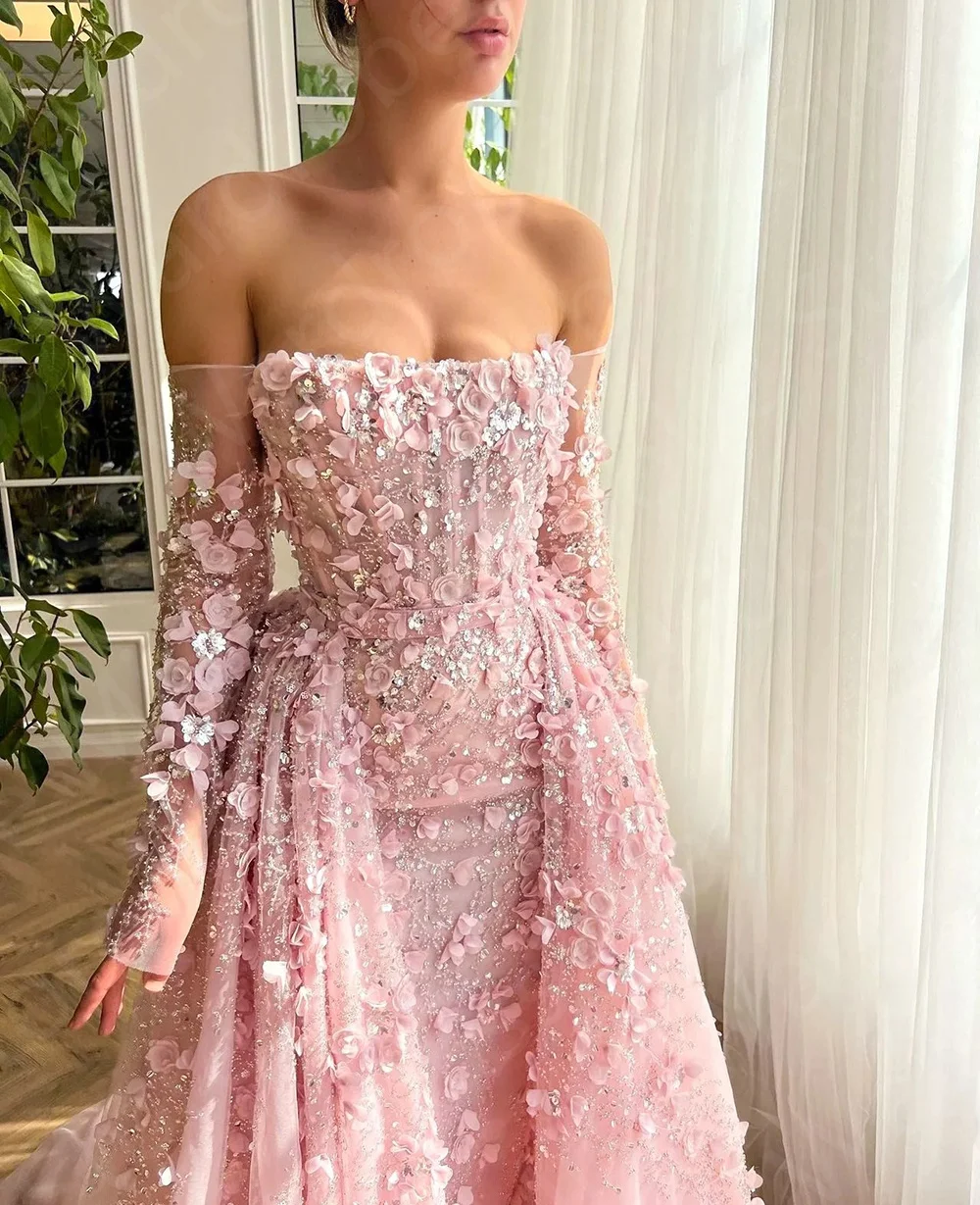 Exquisite Pink Evening Dresses Lace 2024 Prom Party Gowns Off Shoulder Sleeve Strapless Sequined Wedding Guest Dress Flowers