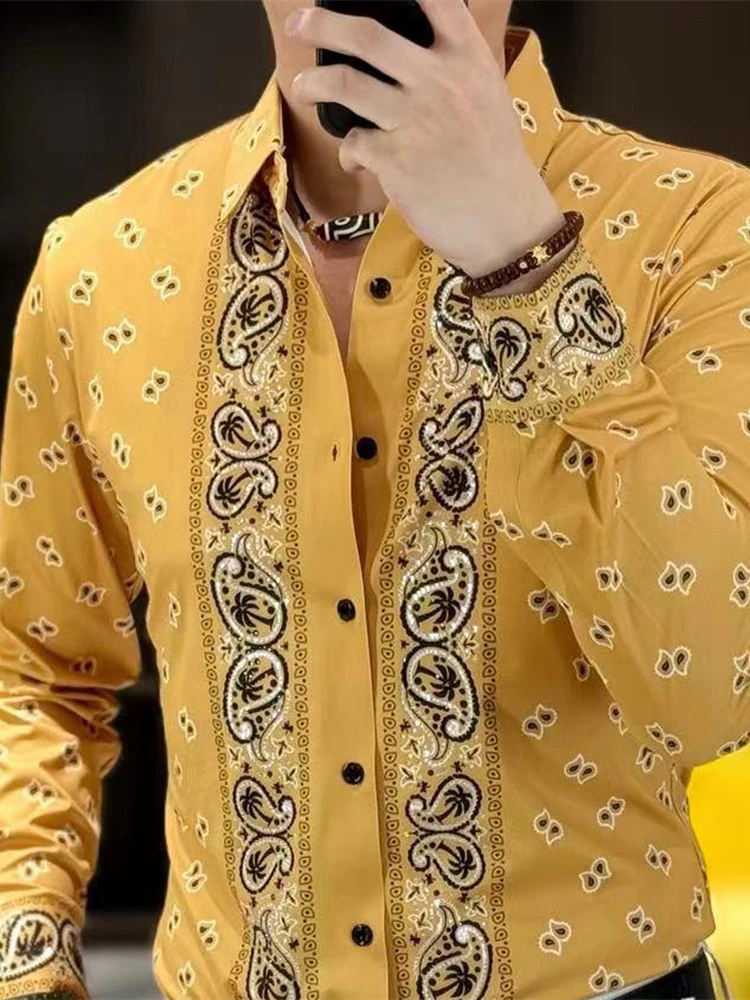 Camisa hawaiana de manga larga para hombre, camisa Masculina de lujo con estampado dorado de Cachemira, blusa informal barroca