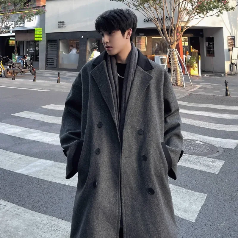 2024 Winter Woolen Coat Men's Mid To Long Korean Version Over The Knee Thick Woolen Coat Ins Trendy Trench Coat