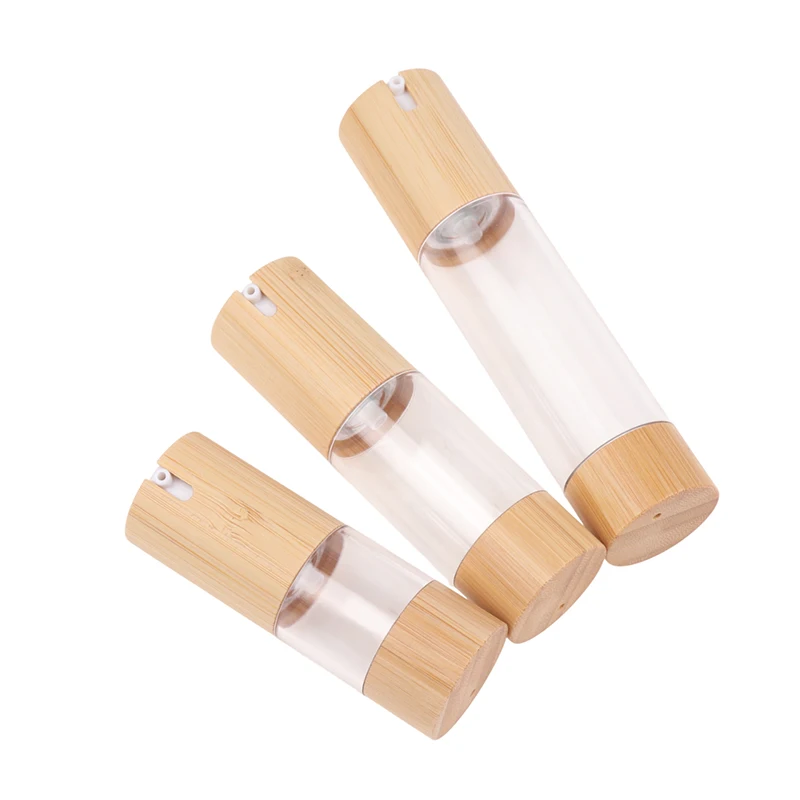 Garrafa vazia de bambu com bomba de vácuo sem ar, 15ml, 30ml, 50ml, para maquiagem, creme, soro, loção, cuidados com a pele, recipiente cosmético
