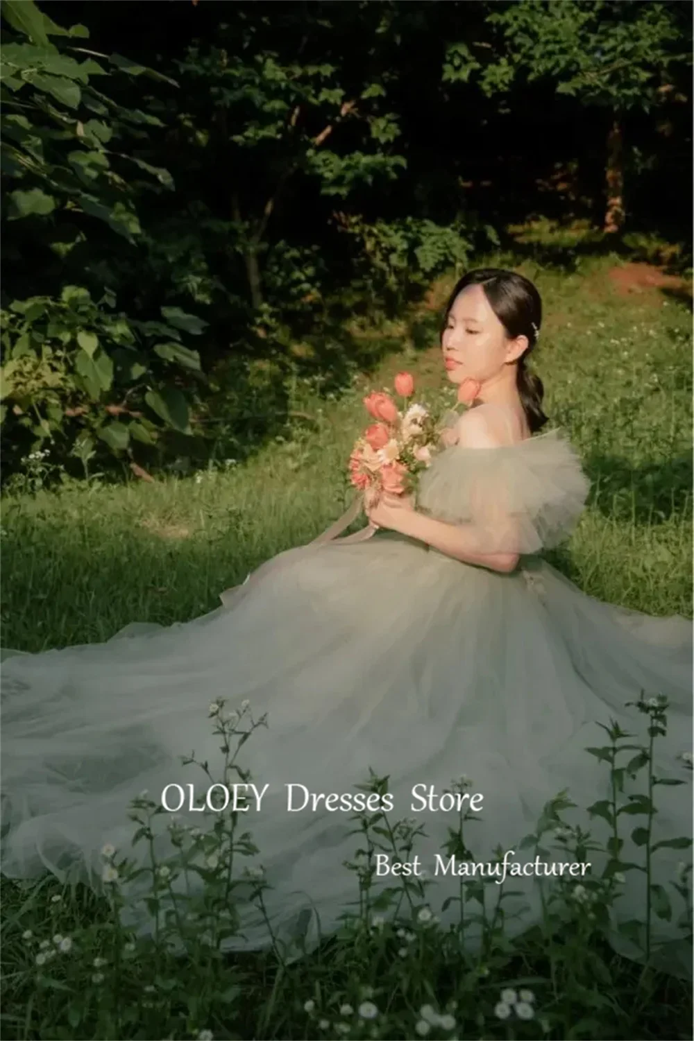 OLOEY Fairy Sage Green Tulle Korea Evening Dresses For Wedding Photoshoot Spaghetti Straps Elegant Garden Prom Party Gowns