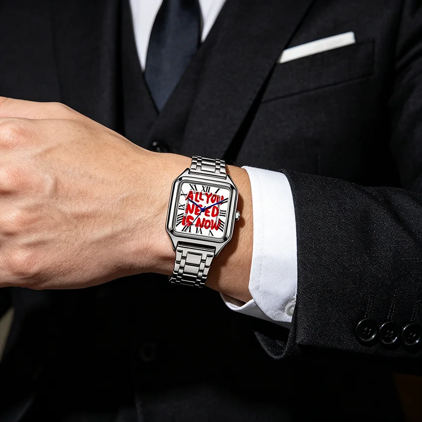 Ladies' Men Square Luxury Watch, Slogan Text on the Large Dial, 30-Meter Water Resistance, Elegant Design, Stainless Steel Strap