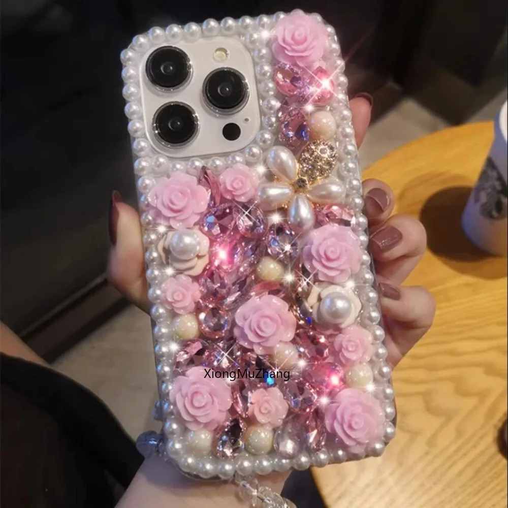 Deluxe Diamant-Perlen-Blumen-Handyhülle Passend für iPhone 18 17 16 15 14 Pro Max 13 12 11 3D-Blumen Transparente Armband-Hülle – Detail 6