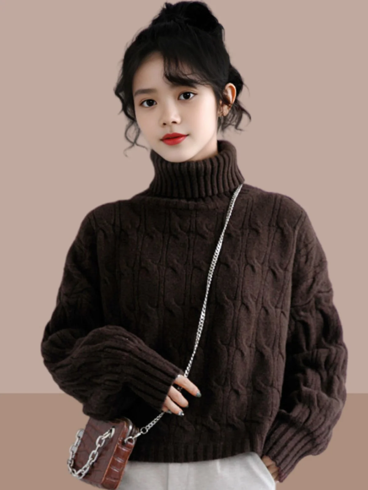 

Ретро-свитер кофейного цвета с высоким воротником, утепленный, с длинными рукавами, модный женский свитер, верхняя одежда для ношения под одеждой, новинка зимы, вязаная кофта