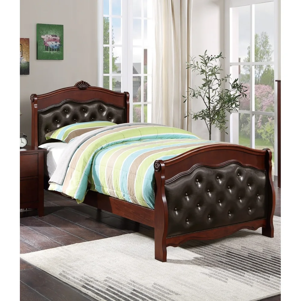 

Dark Cherry Twin Size Bed Youth Bedroom Furniture Espresso Faux Leather Headboard Footboard Plywood 1pc Bedframe