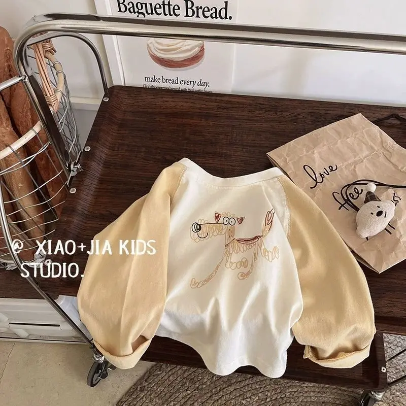

Autumn Children Boys Long Sleeves Dog Pattern Raglan Sleeve Infant Baby Boys Pullovers Round Collar Spliced Toddler Kid Boy Tops