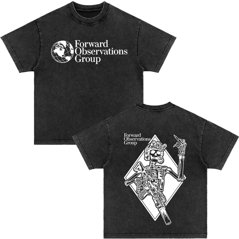 T-shirt à imprimé squelette Forward Observations Group pour homme, vintage, noir délavé, streetwear oversize, coton, manches courtes, unisexe