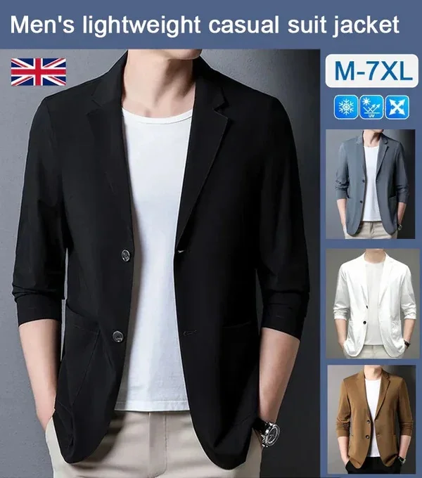 Men\'s Light Suit Jacket Summer Fashion Thin Blazer Anti-Wrinkle Slim Solid Lapel Casual Suit Breathable