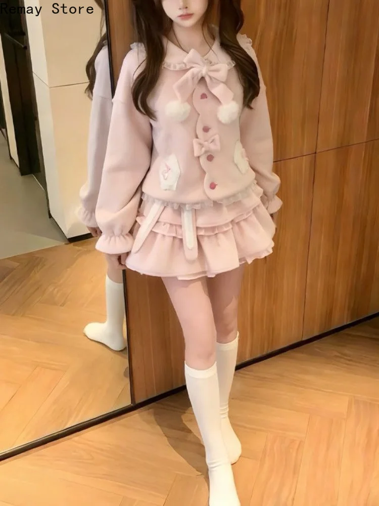 Korean Fashion 2000s Aesthetic Y2k Women 2 Pieces Set Bow Woollen Coat + Pink Mini Skirt Harajuku Sweet Lolita Japanese Clothes