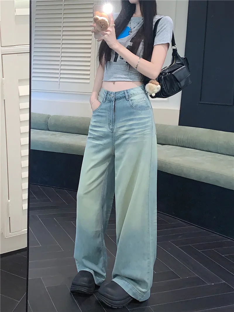 

Benuynffy American Vintage Do old Jeans Women's Harajuku Light Blue Washed Baggy Jeans Y2K Street Loose Wide-leg Denim Trousers