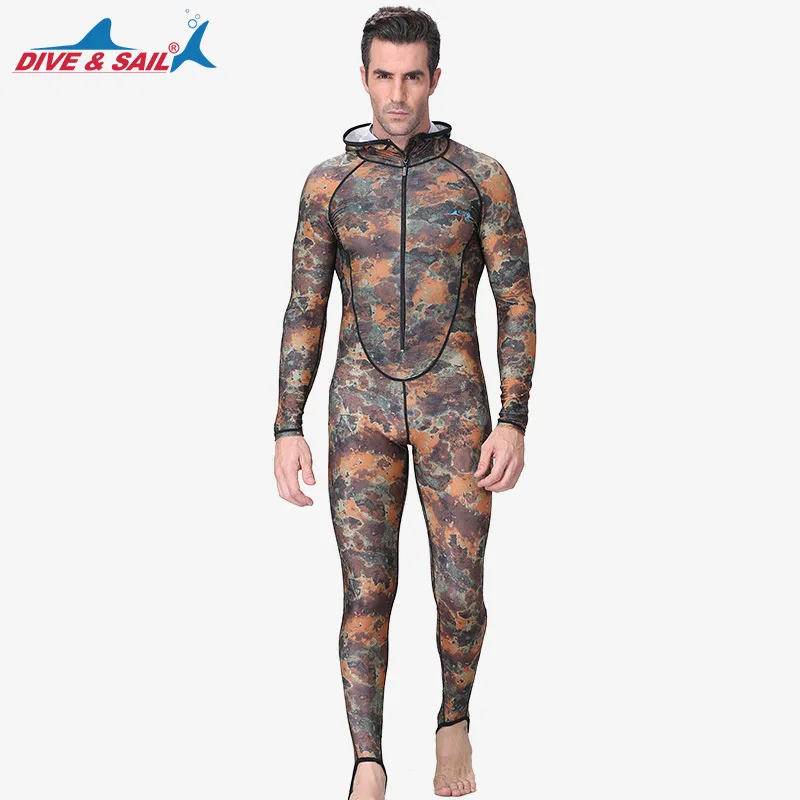 Men's camouflage wetsuit one-piece zipper sunscreen diving suit UV protection hooded surfing jellyfish suit swimsuit scuba M-4XL