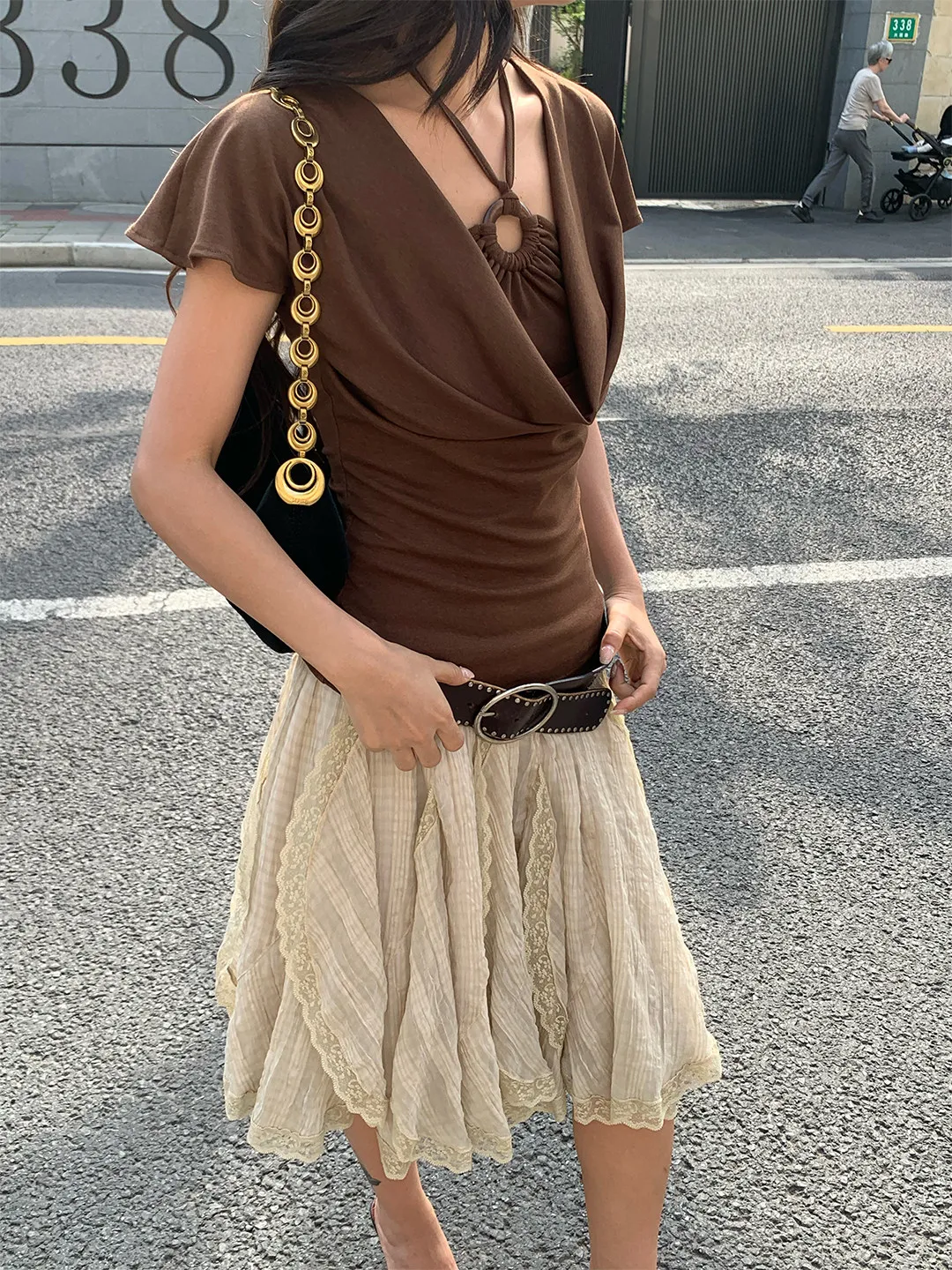 【MAR】Vintage Plaid Lace Hem Skirt Women Irregular Cut Mid Length Elegant Summer A Line Skirt