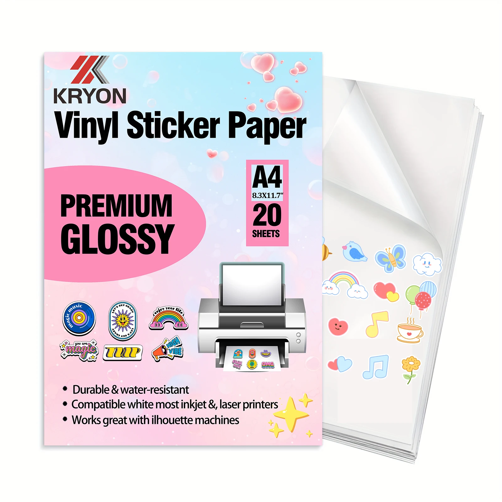 Papel adhesivo de vinilo imprimible Premium A4, 20 hojas, 8,3x11,7 pulgadas, para impresora de inyección de tinta, brillante, seca rápidamente colores vivos