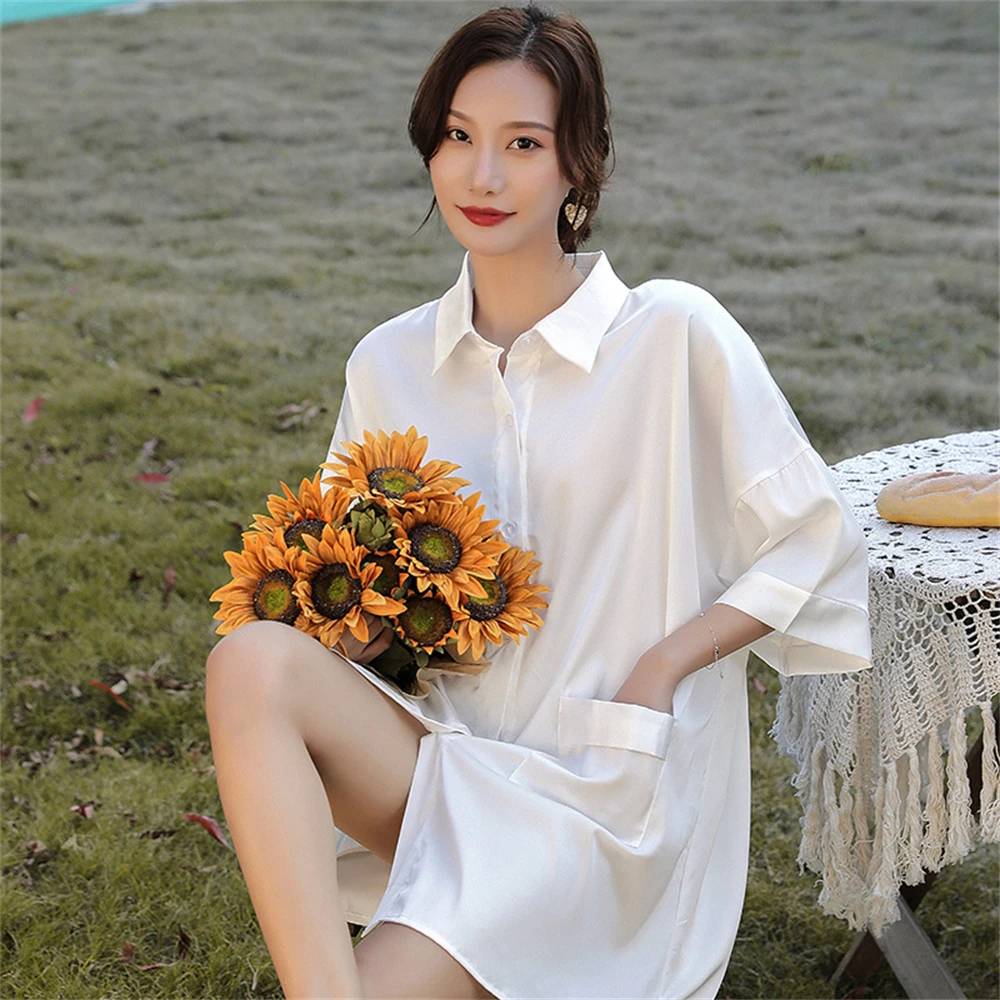 Spring Autumn Mid-length White Nightshirt Short-sleeved Boyfriend Style Loose Thin Shirt Gown Dress Female Loungewear Nightdress