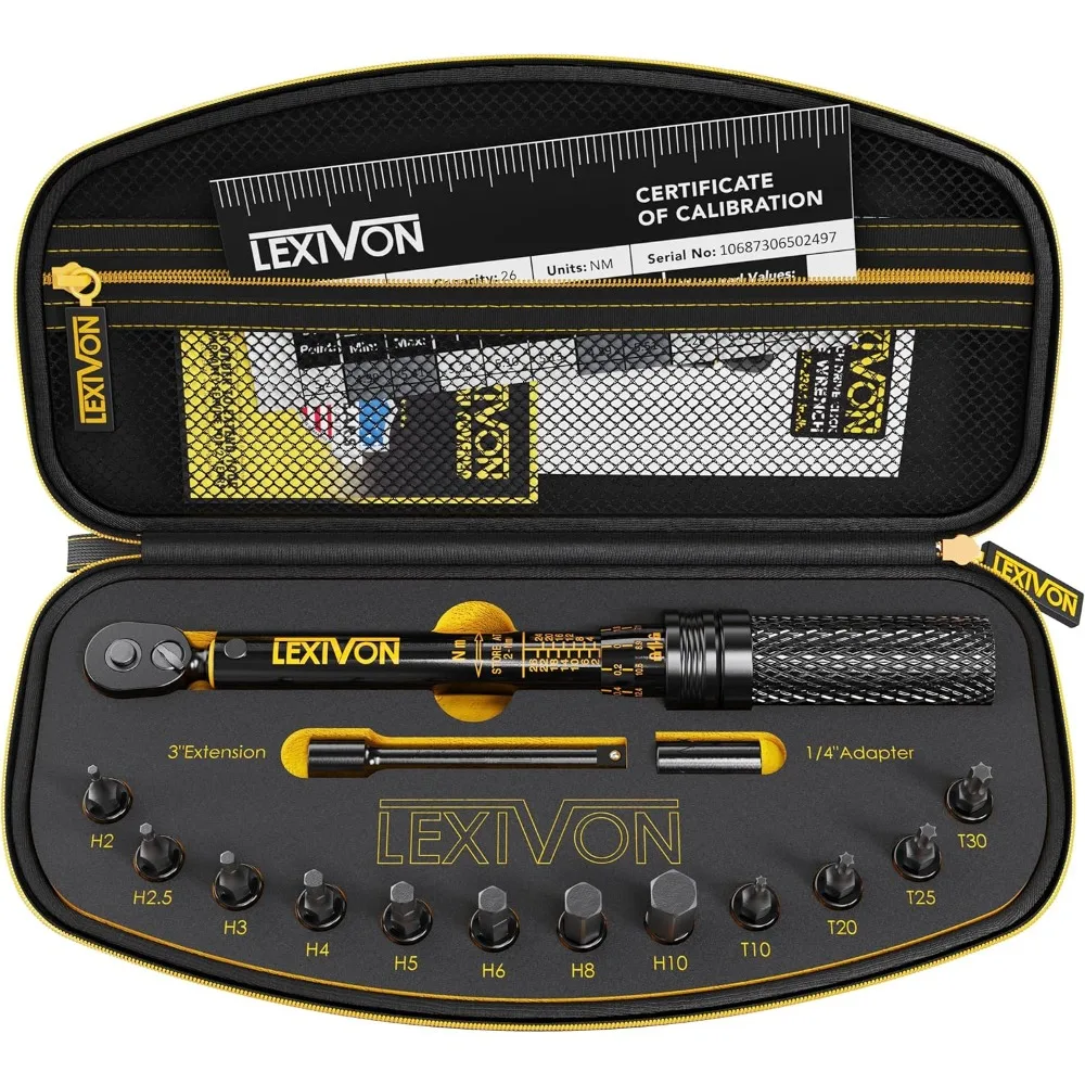 

Bike Torque Wrench 1/4-Inch Dr. 15-Piece Kit | 72-Tooth Gear, Dual-Direction Click Type 2~26 Nm / 17.7~230.1 in-lb (LX-191)