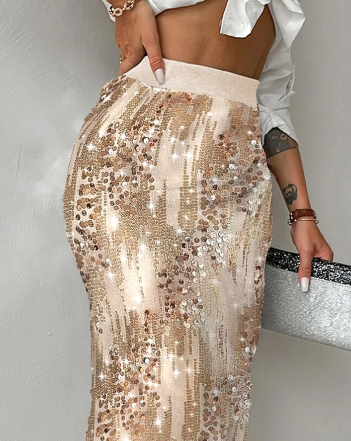 Half Length Skirt 2024 Hot Selling Fashion Sequin Elastic Waist Side Slit Monochrome High Waisted Women's Party Club Skirt