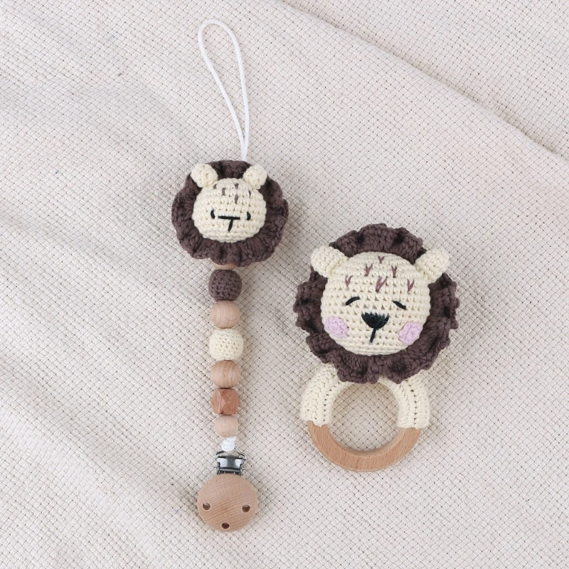 

Crochet Cartoon Animal Baby Rattle kawaii Wooden Ring Handhold Newborn Rattle Toys+Handmade Pacifier Clips Kids Educational Toys