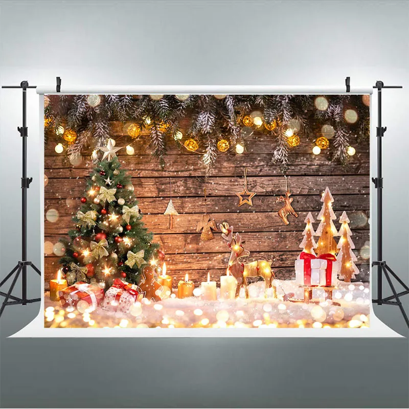 Toile de fond de Noël bokeh, décor d'arbre de Noël en bois rustique, accessoires de studio photo, arrière-plans de photographie de portrait de famille pour enfants, cadeau
