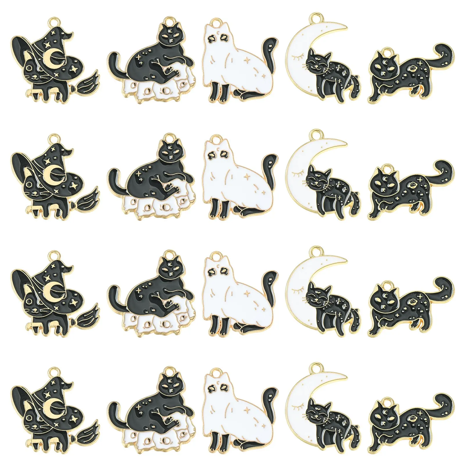 30Pcs 5 Styles Black Cat Enamel Charms Magic Animal Cat Charms Lovely Pet Kitten Charms for DIY Jewelry Earrings Crafting Making