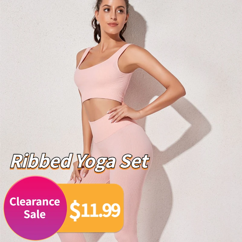 Clearance Sale Ribbed Yoga Set Women Athletic Wear Workout Set GYM Clothes Fitness Bra+ High Waist Seamless Leggings Sport Suit