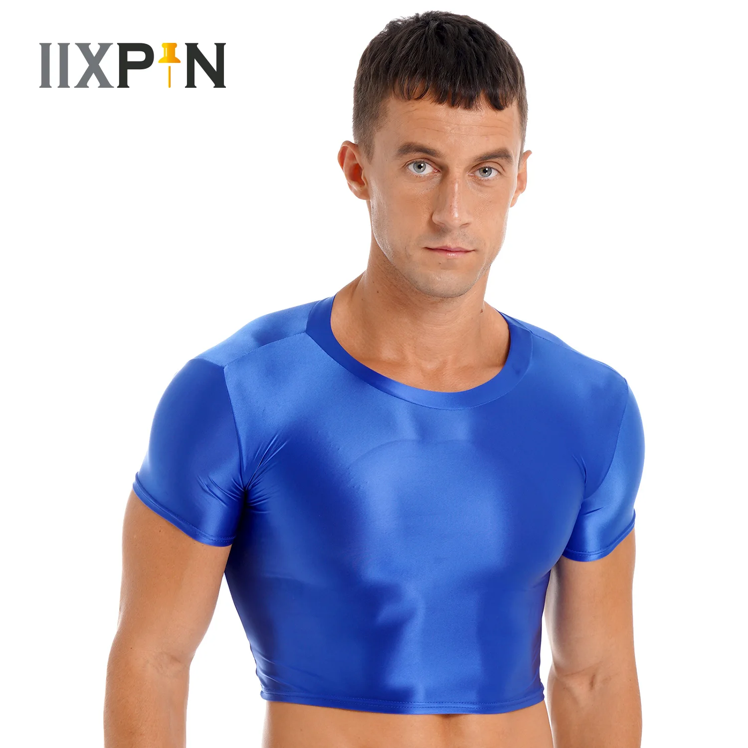 Men Smooth Glossy T Shirt Streetwear Sexy O-neck Short Sleeve Crop Tops Slim Fit Tight Tees Party Nightclub Casual Men Clothing