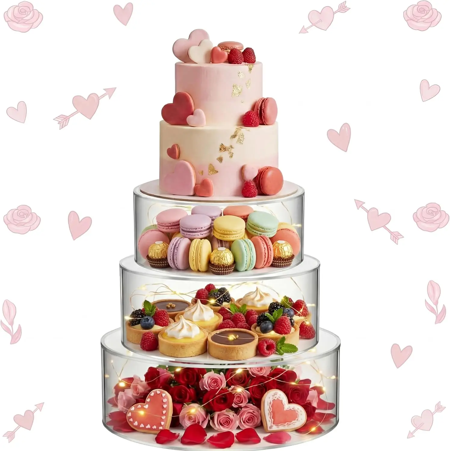 

3-Piece Acrylic Cake Stand Set with LED Lights, 6'' 8'' 10'' Clear Fillable Risers for Wedding Birthday Party Display
